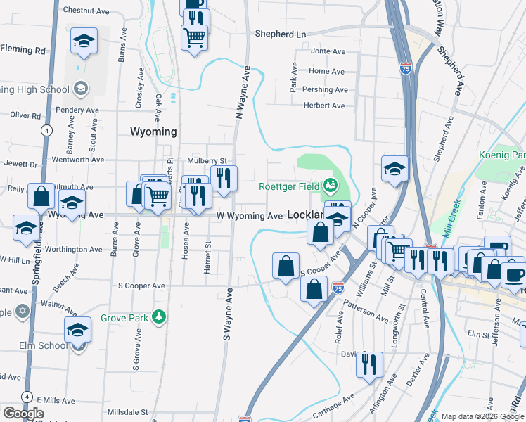 map of restaurants, bars, coffee shops, grocery stores, and more near 117 Washington Avenue in Lockland