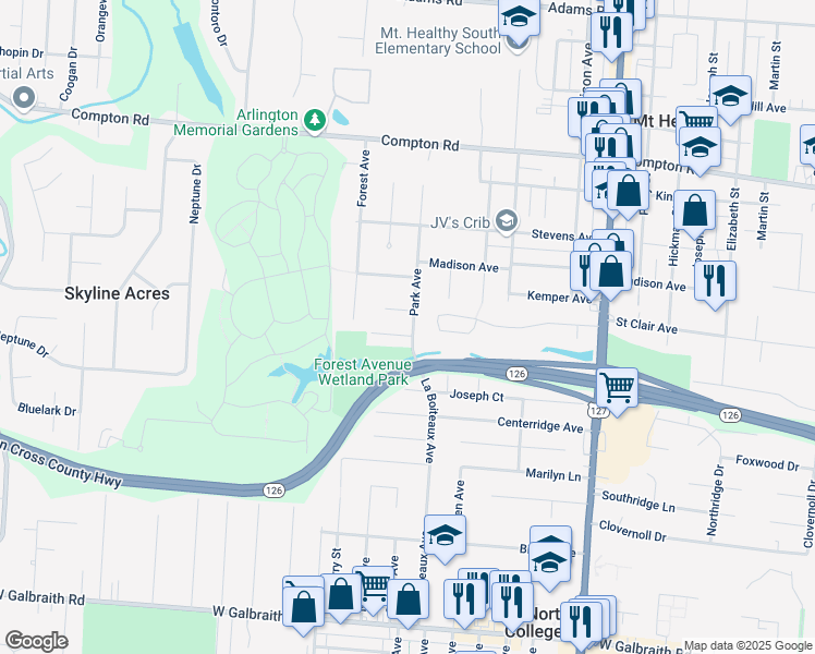map of restaurants, bars, coffee shops, grocery stores, and more near 1954 North Lynndale Avenue in Cincinnati
