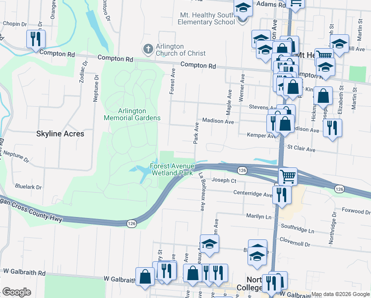 map of restaurants, bars, coffee shops, grocery stores, and more near 1954 North Lynndale Avenue in Cincinnati