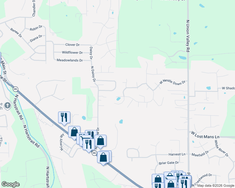 map of restaurants, bars, coffee shops, grocery stores, and more near 1116 Forest View Drive North in Ellettsville
