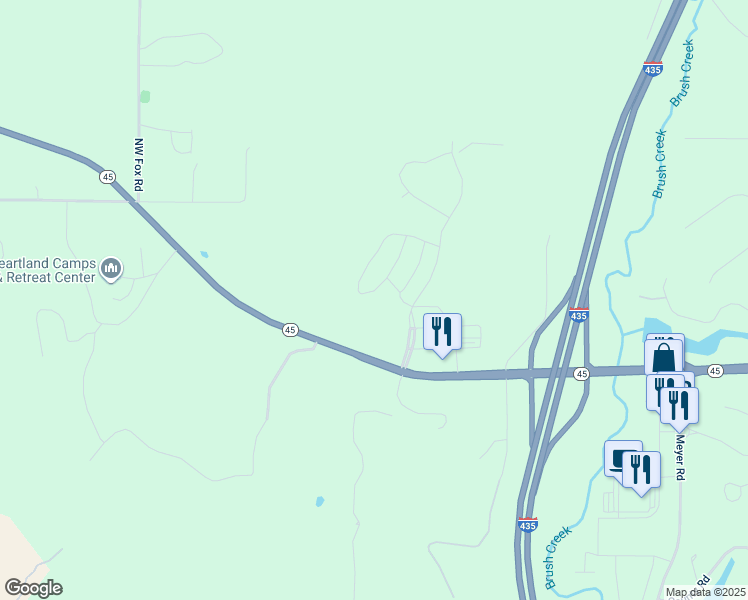 map of restaurants, bars, coffee shops, grocery stores, and more near 16550 Missouri 45 in Parkville