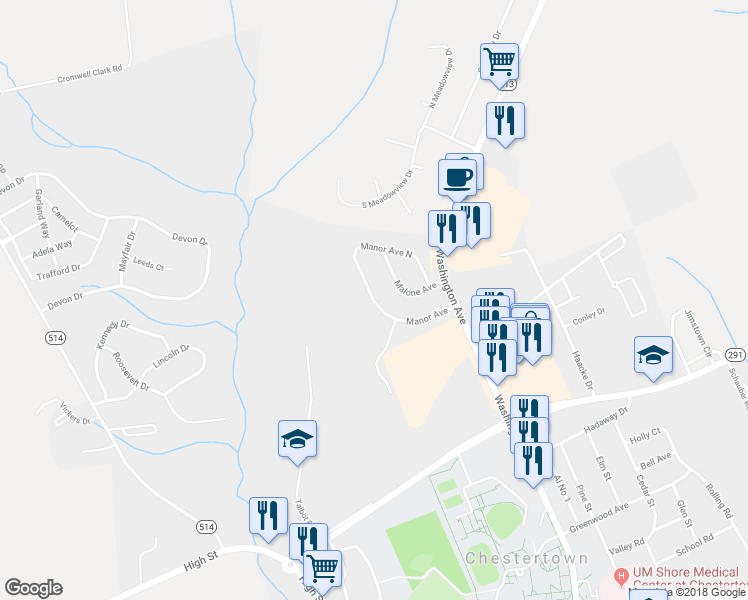 map of restaurants, bars, coffee shops, grocery stores, and more near 120 Manor Avenue in Chestertown