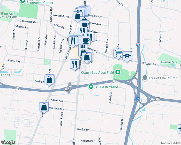 map of restaurants, bars, coffee shops, grocery stores, and more near 4900 Hunt Road in Blue Ash