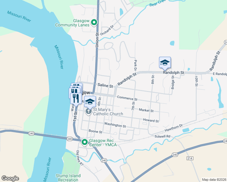 map of restaurants, bars, coffee shops, grocery stores, and more near 501-599 Saline Street in Glasgow