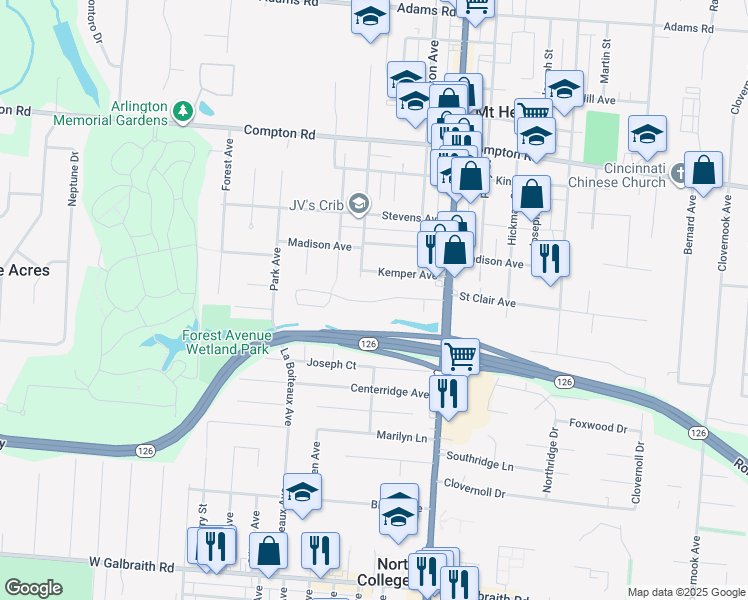 map of restaurants, bars, coffee shops, grocery stores, and more near 1667 Lakenoll Dr in Mt Healthy