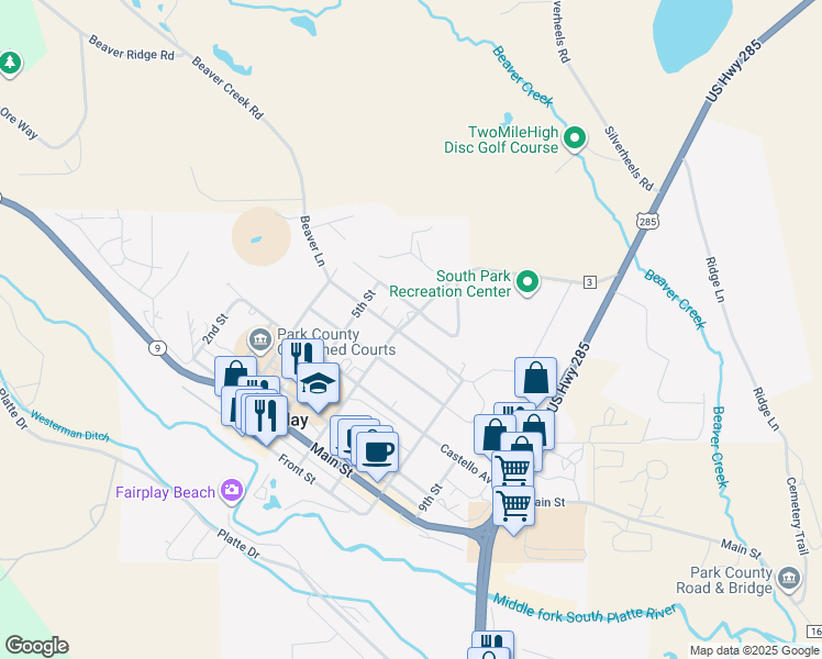 map of restaurants, bars, coffee shops, grocery stores, and more near 602 Crawford Lane in Fairplay