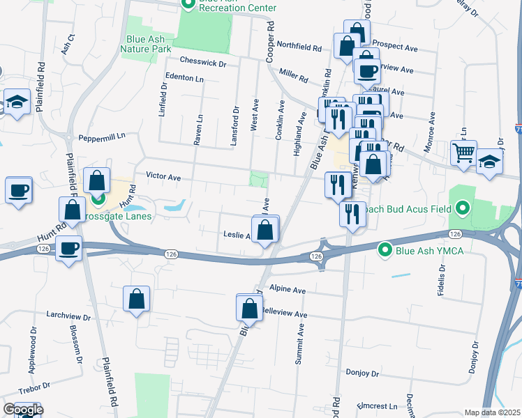 map of restaurants, bars, coffee shops, grocery stores, and more near 9329 Floral Avenue in Cincinnati