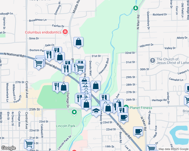 map of restaurants, bars, coffee shops, grocery stores, and more near 2913 Desoto Way in Columbus