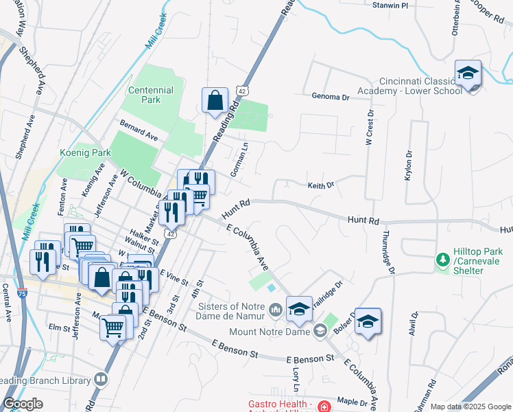map of restaurants, bars, coffee shops, grocery stores, and more near 121 Heile Drive in Cincinnati