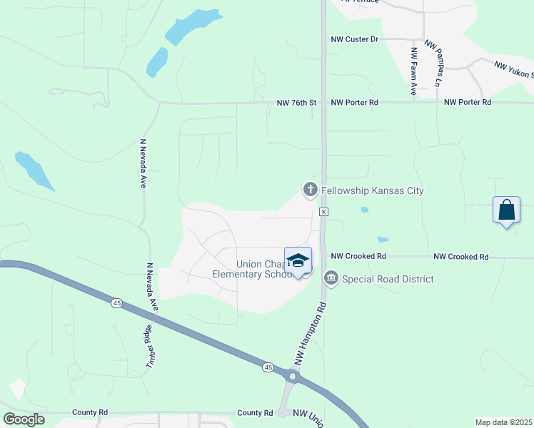 map of restaurants, bars, coffee shops, grocery stores, and more near 13500 Northwest 73rd Street in Parkville
