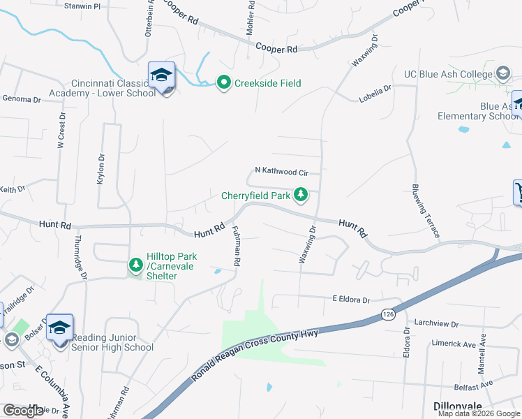 map of restaurants, bars, coffee shops, grocery stores, and more near 2572 South Kathwood Circle in Cincinnati