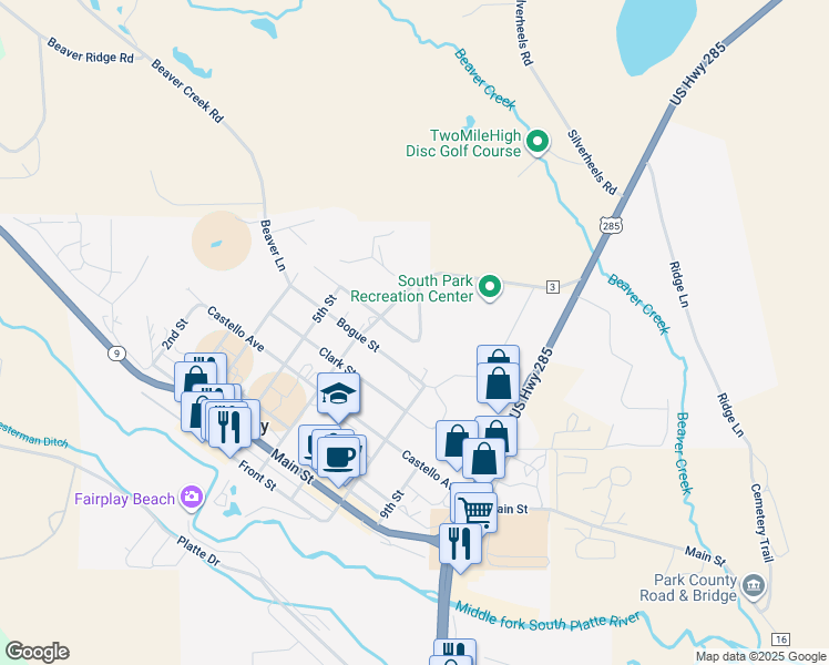 map of restaurants, bars, coffee shops, grocery stores, and more near 799 Crawford Lane in Fairplay