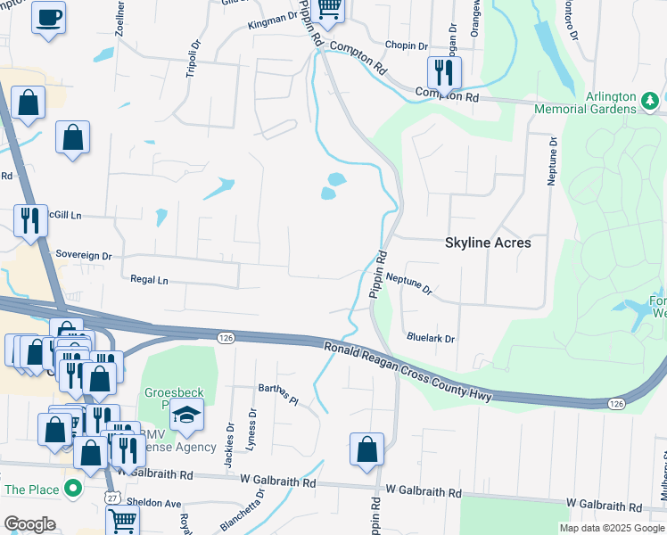 map of restaurants, bars, coffee shops, grocery stores, and more near 8650 Pippin Road in Cincinnati