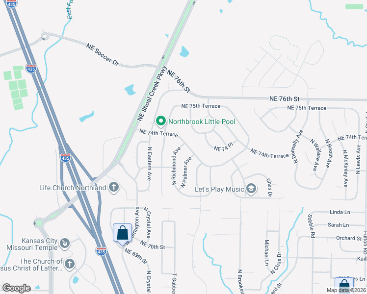 map of restaurants, bars, coffee shops, grocery stores, and more near 7517 Northeast 74th Terrace in Kansas City