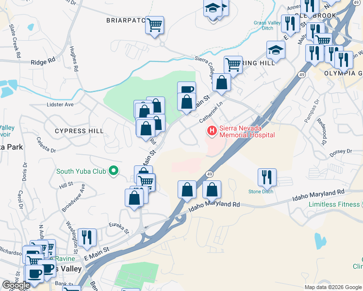 map of restaurants, bars, coffee shops, grocery stores, and more near 211 Catherine Lane in Grass Valley