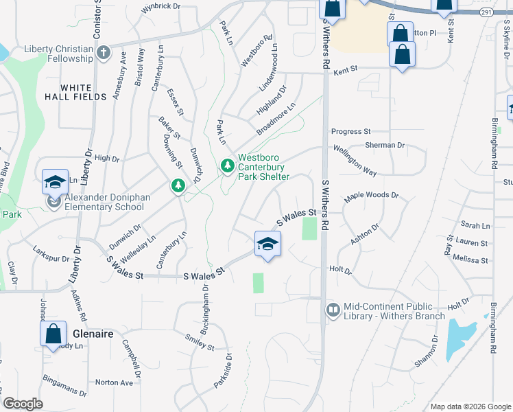 map of restaurants, bars, coffee shops, grocery stores, and more near 1313 Wellington Way in Liberty