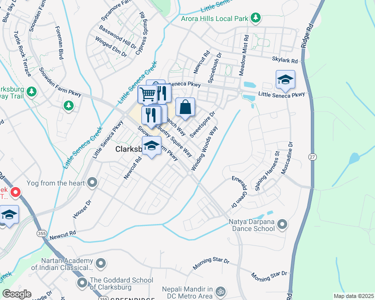 map of restaurants, bars, coffee shops, grocery stores, and more near 11893 Country Squire Way in Clarksburg