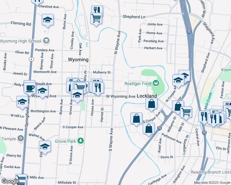 map of restaurants, bars, coffee shops, grocery stores, and more near 118 North Wayne Avenue in Cincinnati