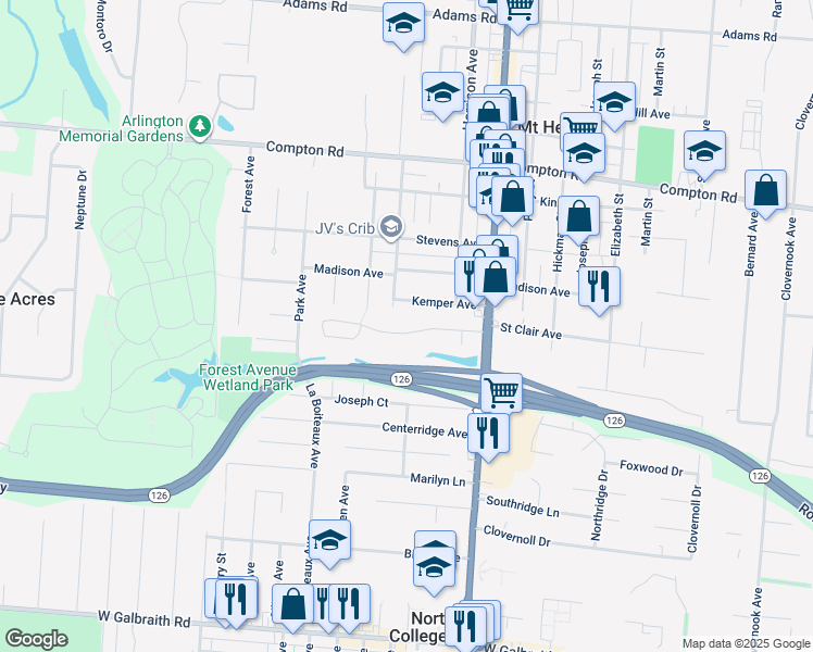 map of restaurants, bars, coffee shops, grocery stores, and more near 1751 Kemper Avenue in Cincinnati