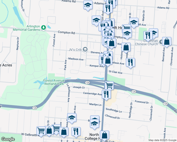 map of restaurants, bars, coffee shops, grocery stores, and more near 1751 Kemper Avenue in Cincinnati