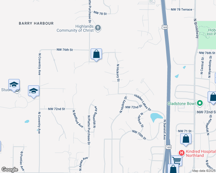 map of restaurants, bars, coffee shops, grocery stores, and more near 1415 Northwest 74th Street in Kansas City