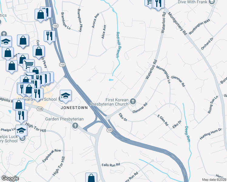 map of restaurants, bars, coffee shops, grocery stores, and more near 5238 Tiyana Court in Ellicott City