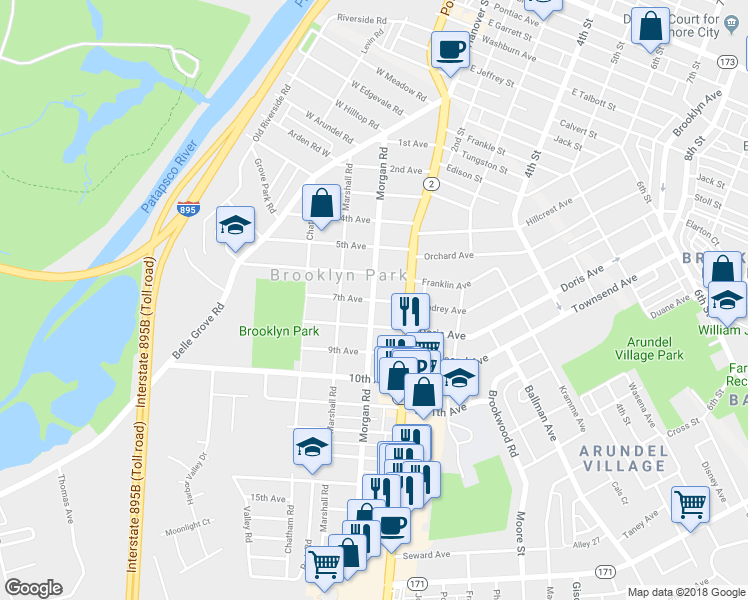 map of restaurants, bars, coffee shops, grocery stores, and more near 88 7th Avenue in Brooklyn Park