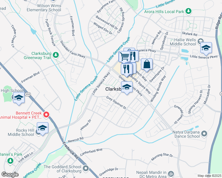 map of restaurants, bars, coffee shops, grocery stores, and more near 22664 Majestic Elm Court in Clarksburg