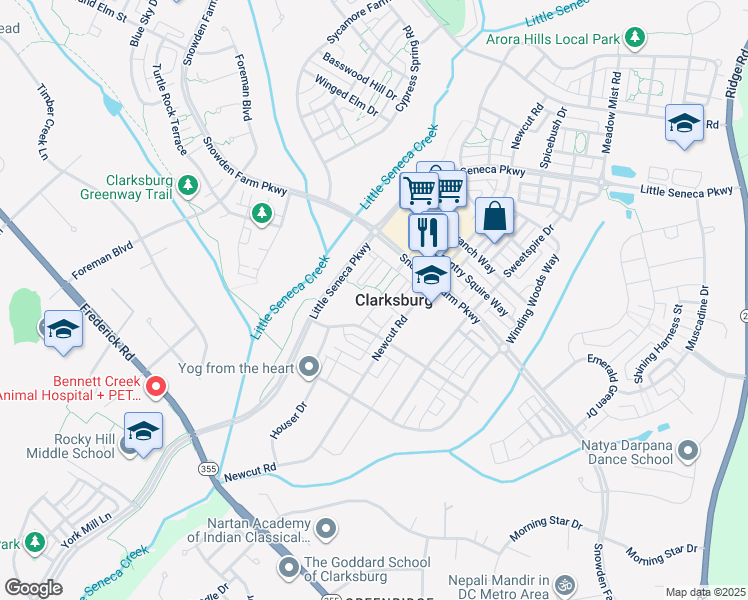 map of restaurants, bars, coffee shops, grocery stores, and more near 22664 Majestic Elm Court in Clarksburg