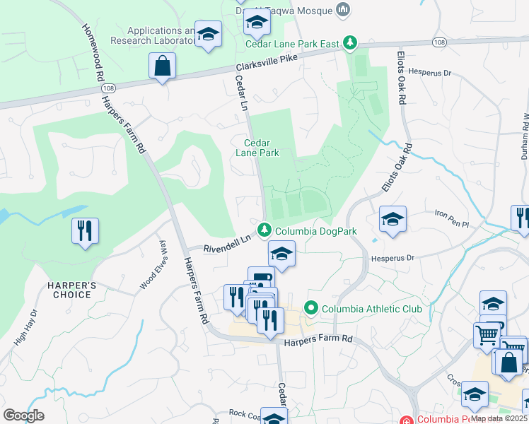 map of restaurants, bars, coffee shops, grocery stores, and more near 5360 Cedar Lane in Columbia