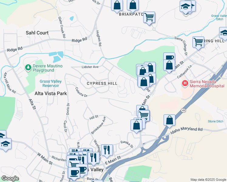map of restaurants, bars, coffee shops, grocery stores, and more near 116 Ramon Court in Grass Valley