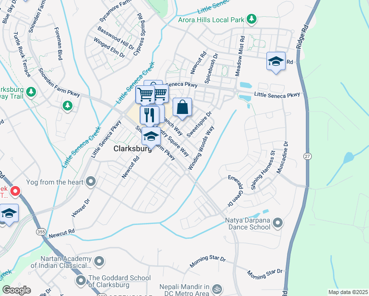 map of restaurants, bars, coffee shops, grocery stores, and more near 11893 Country Squire Way in Clarksburg