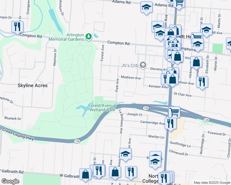map of restaurants, bars, coffee shops, grocery stores, and more near 1951 North Lynndale Avenue in Cincinnati