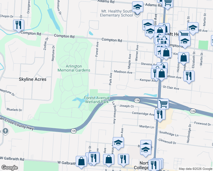 map of restaurants, bars, coffee shops, grocery stores, and more near 1954 North Lynndale Avenue in Cincinnati