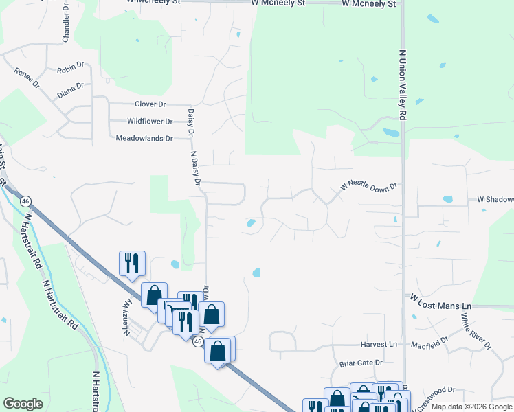 map of restaurants, bars, coffee shops, grocery stores, and more near 1116 Forest View Drive North in Ellettsville