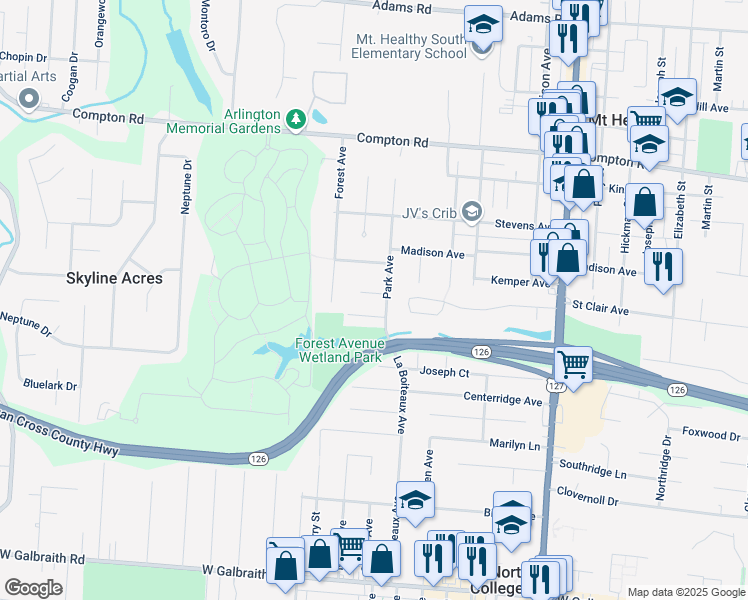 map of restaurants, bars, coffee shops, grocery stores, and more near 1959 North Lynndale Avenue in Cincinnati