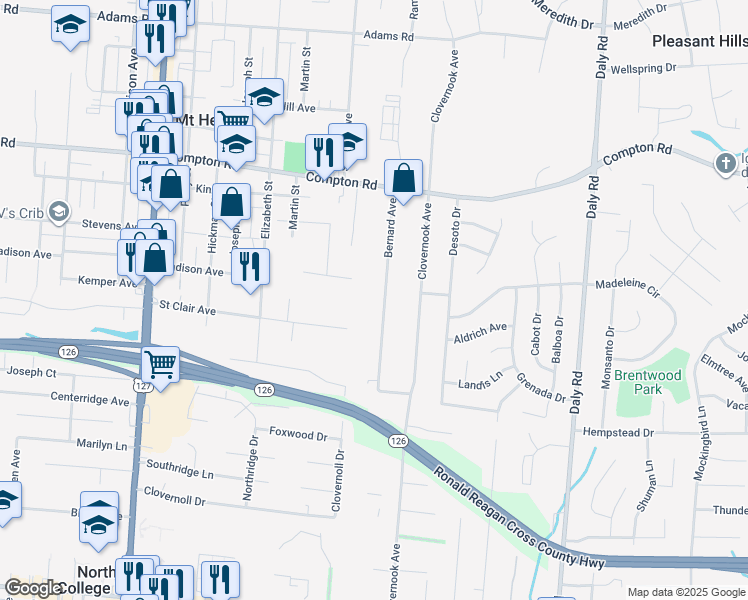 map of restaurants, bars, coffee shops, grocery stores, and more near 7329 Bernard Avenue in Cincinnati