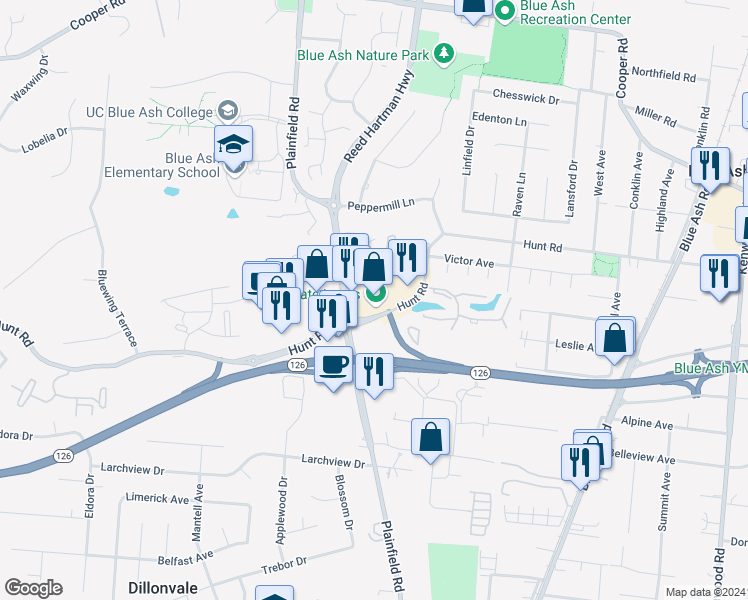 map of restaurants, bars, coffee shops, grocery stores, and more near 4230 Hunt Road in Cincinnati