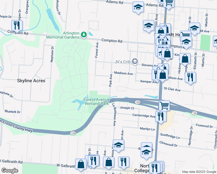 map of restaurants, bars, coffee shops, grocery stores, and more near 1954 North Lynndale Avenue in Cincinnati