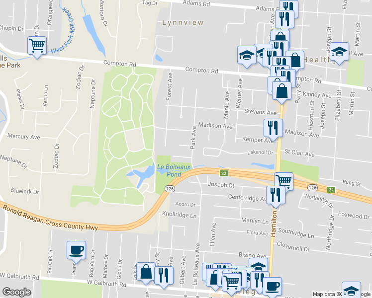 map of restaurants, bars, coffee shops, grocery stores, and more near 1954 North Lynndale Avenue in Cincinnati