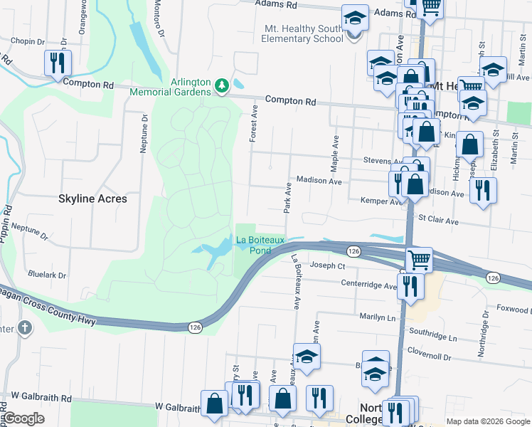 map of restaurants, bars, coffee shops, grocery stores, and more near 1975 North Lynndale Avenue in Mount Healthy