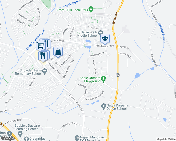 map of restaurants, bars, coffee shops, grocery stores, and more near 11827 Peppervine Drive in Clarksburg