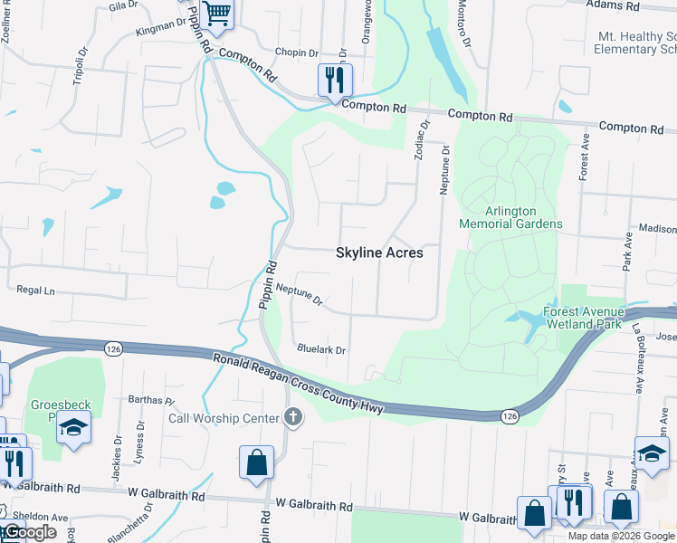 map of restaurants, bars, coffee shops, grocery stores, and more near 2489 Bluelark Drive in Cincinnati