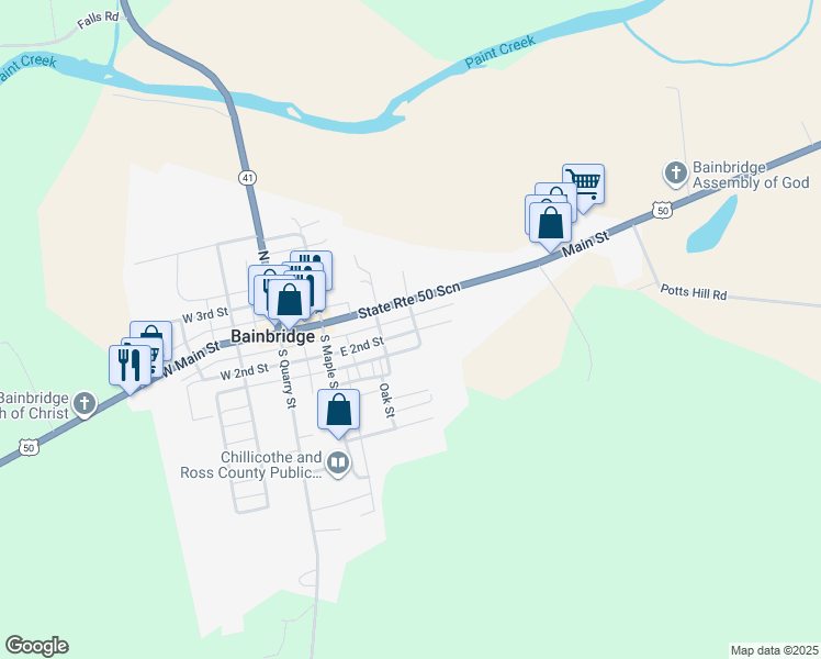 map of restaurants, bars, coffee shops, grocery stores, and more near 312 East 2nd Street in Bainbridge