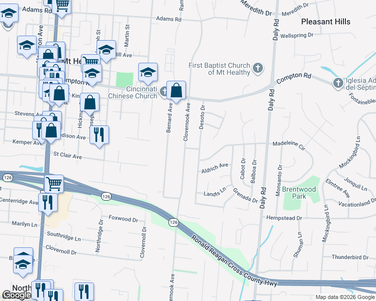 map of restaurants, bars, coffee shops, grocery stores, and more near 7334 Clovernook Avenue in Cincinnati