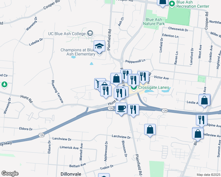 map of restaurants, bars, coffee shops, grocery stores, and more near 4150 Hunt Road in Blue Ash