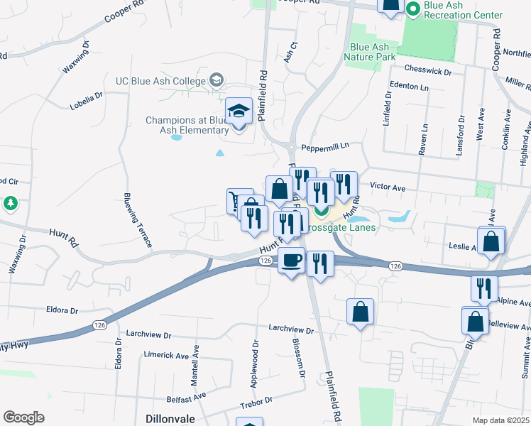 map of restaurants, bars, coffee shops, grocery stores, and more near 4150 Hunt Road in Blue Ash