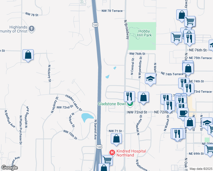 map of restaurants, bars, coffee shops, grocery stores, and more near 7306 North Pennsylvania Avenue in Kansas City