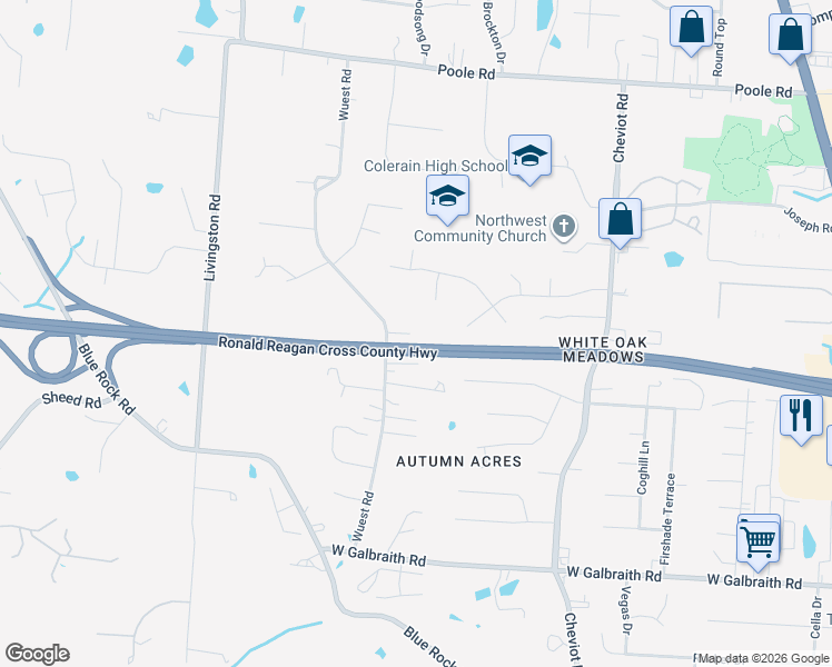 map of restaurants, bars, coffee shops, grocery stores, and more near 8544 Wuest Road in Cincinnati