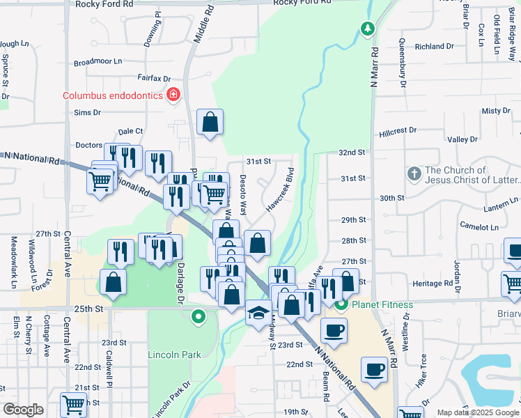 map of restaurants, bars, coffee shops, grocery stores, and more near 2913 Desoto Way in Columbus